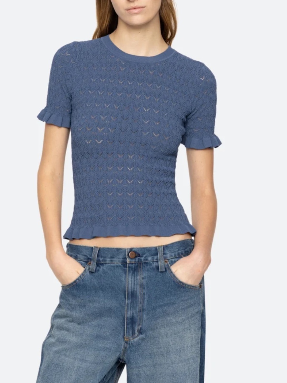 Sea New York Rue Fine Gauge Sweater Short Sleeve Blue XL NWT Knit Blouse Top